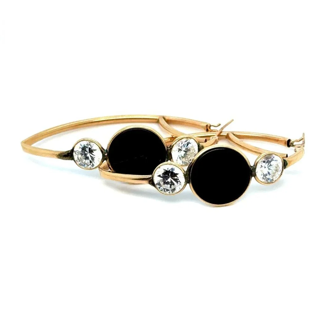 14K Gol Onyx/Cz‎ Hoops Earrings
